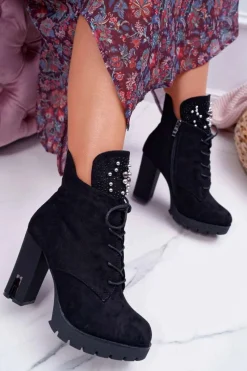 Sale Boto Botki Damskie na Słupku Platformie Zamszowe Czarne Fieste