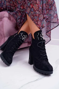 Sale Boto Botki Damskie na Słupku Platformie Zamszowe Czarne Fieste