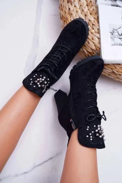 Sale Boto Botki Damskie na Słupku Platformie Zamszowe Czarne Fieste