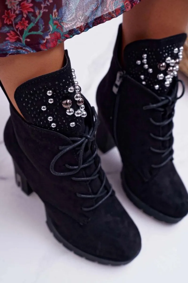 Sale Boto Botki Damskie na Słupku Platformie Zamszowe Czarne Fieste