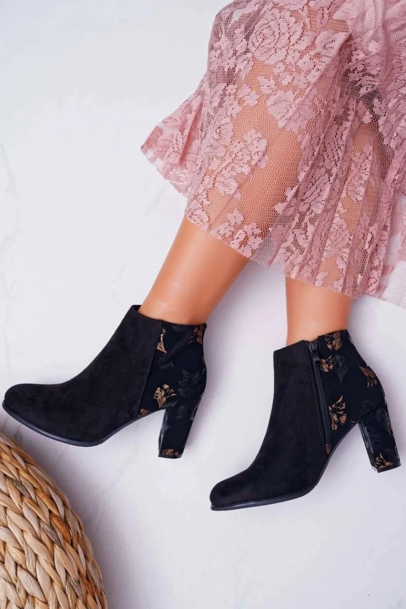 Best Buty Sergio Leone Botki Damskie Na Słupku Sergio Leone W Złote Kwiaty Folk Czarne Eros2