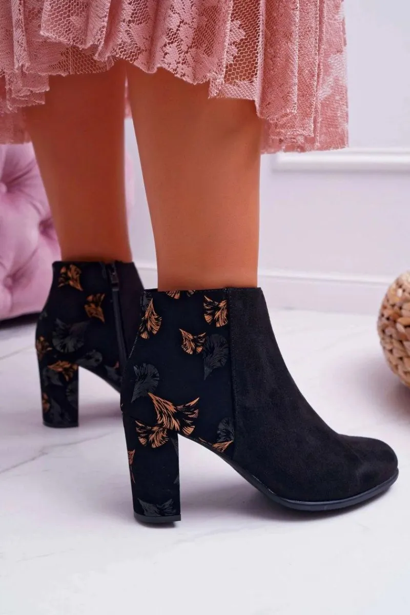 Best Buty Sergio Leone Botki Damskie Na Słupku Sergio Leone W Złote Kwiaty Folk Czarne Eros2