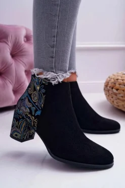 Botki Na Słupku|Czarne Botki>Buty Sergio Leone Botki Damskie Na Słupku Sergio Leone W Kwiaty Folk Czarne Eros2