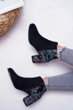 Botki Na Słupku|Czarne Botki>Buty Sergio Leone Botki Damskie Na Słupku Sergio Leone W Kwiaty Folk Czarne Eros2