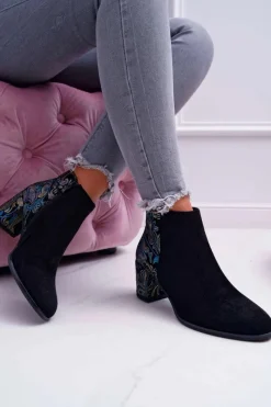 Botki Na Słupku|Czarne Botki></noscript>Buty Sergio Leone Botki Damskie Na Słupku Sergio Leone W Kwiaty Folk Czarne Eros2