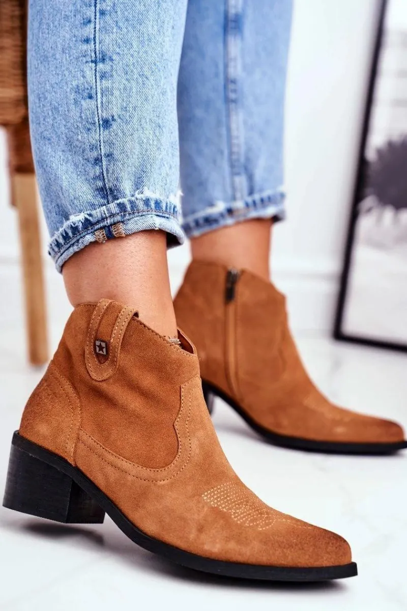 Hot Big Star Shoes Botki Damskie Na Słupku Skórzane Big Star Camel GG274330