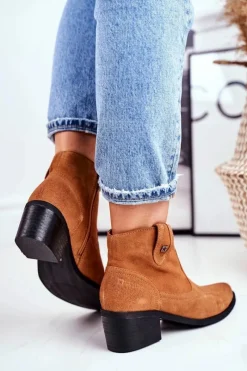 Hot Big Star Shoes Botki Damskie Na Słupku Skórzane Big Star Camel GG274330