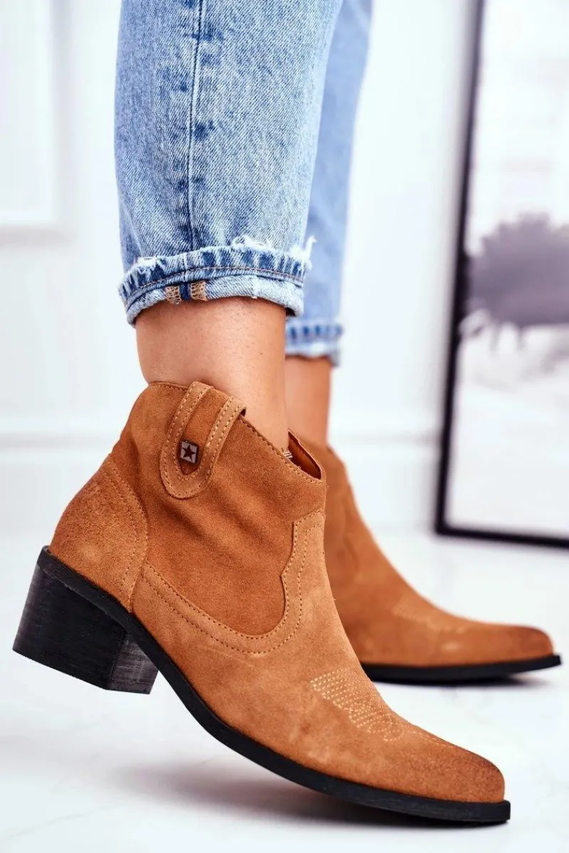 Hot Big Star Shoes Botki Damskie Na Słupku Skórzane Big Star Camel GG274330