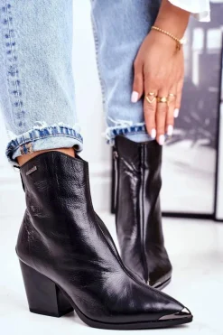 Best Botki Damskie Na Słupku Skórzane Big Star Czarne GG274919 Damskie Botki Na Słupku|Czarne Botki