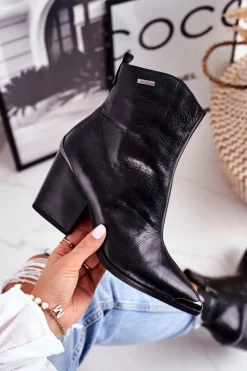 Best Botki Damskie Na Słupku Skórzane Big Star Czarne GG274919 Damskie Botki Na Słupku|Czarne Botki