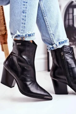 Best Botki Damskie Na Słupku Skórzane Big Star Czarne GG274919 Damskie Botki Na Słupku|Czarne Botki