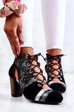 Outlet Maciejka Botki Damskie Na Słupku Skórzane Wiosenne 03938-01 Czarne