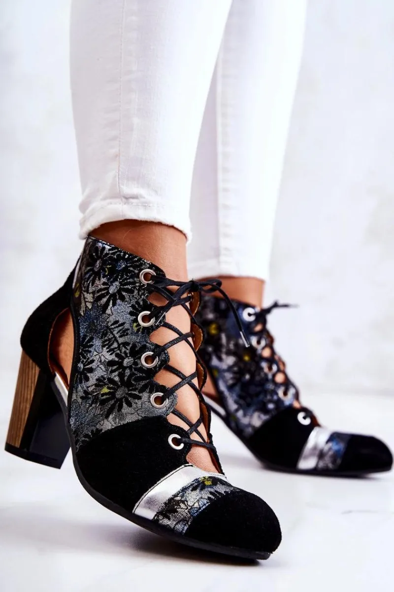 Outlet Maciejka Botki Damskie Na Słupku Skórzane Wiosenne 03938-01 Czarne