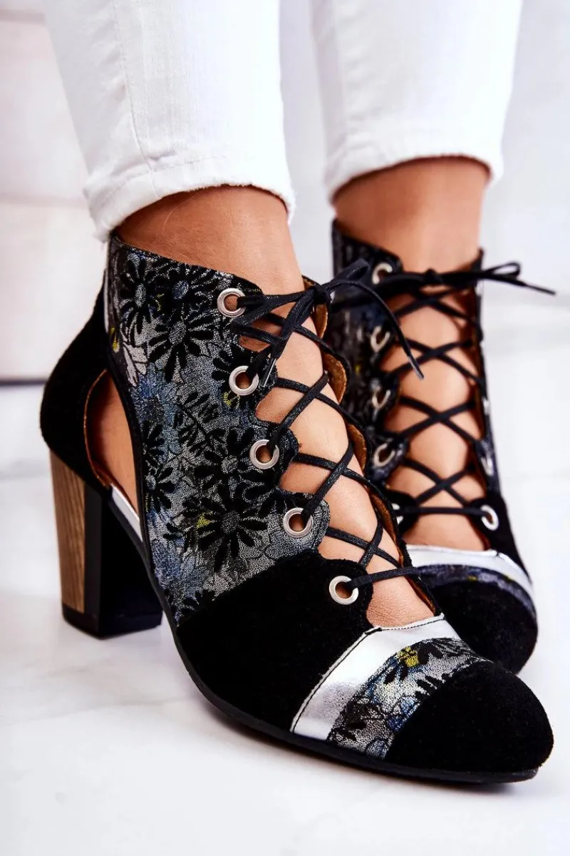 Outlet Maciejka Botki Damskie Na Słupku Skórzane Wiosenne 03938-01 Czarne