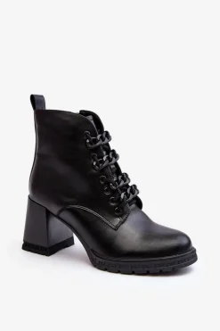 Outlet Damskie buty S.Barski Botki Damskie Na Słupku Sznurowane D&A CR8120 Czarne