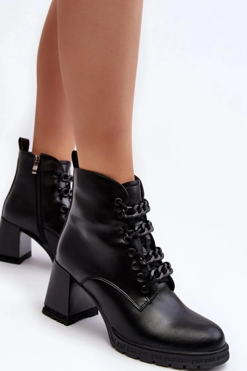 Outlet Damskie buty S.Barski Botki Damskie Na Słupku Sznurowane D&A CR8120 Czarne