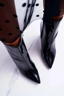 Best Boto Botki Damskie Na Słupku W Szpic Lakierowane Czarne Demens