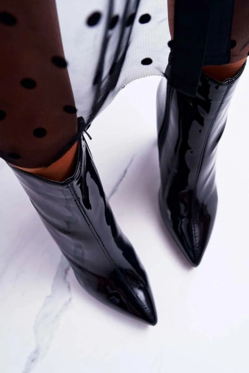 Best Boto Botki Damskie Na Słupku W Szpic Lakierowane Czarne Demens