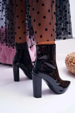 Best Boto Botki Damskie Na Słupku W Szpic Lakierowane Czarne Demens