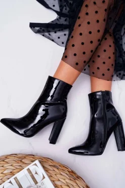 Best Boto Botki Damskie Na Słupku W Szpic Lakierowane Czarne Demens
