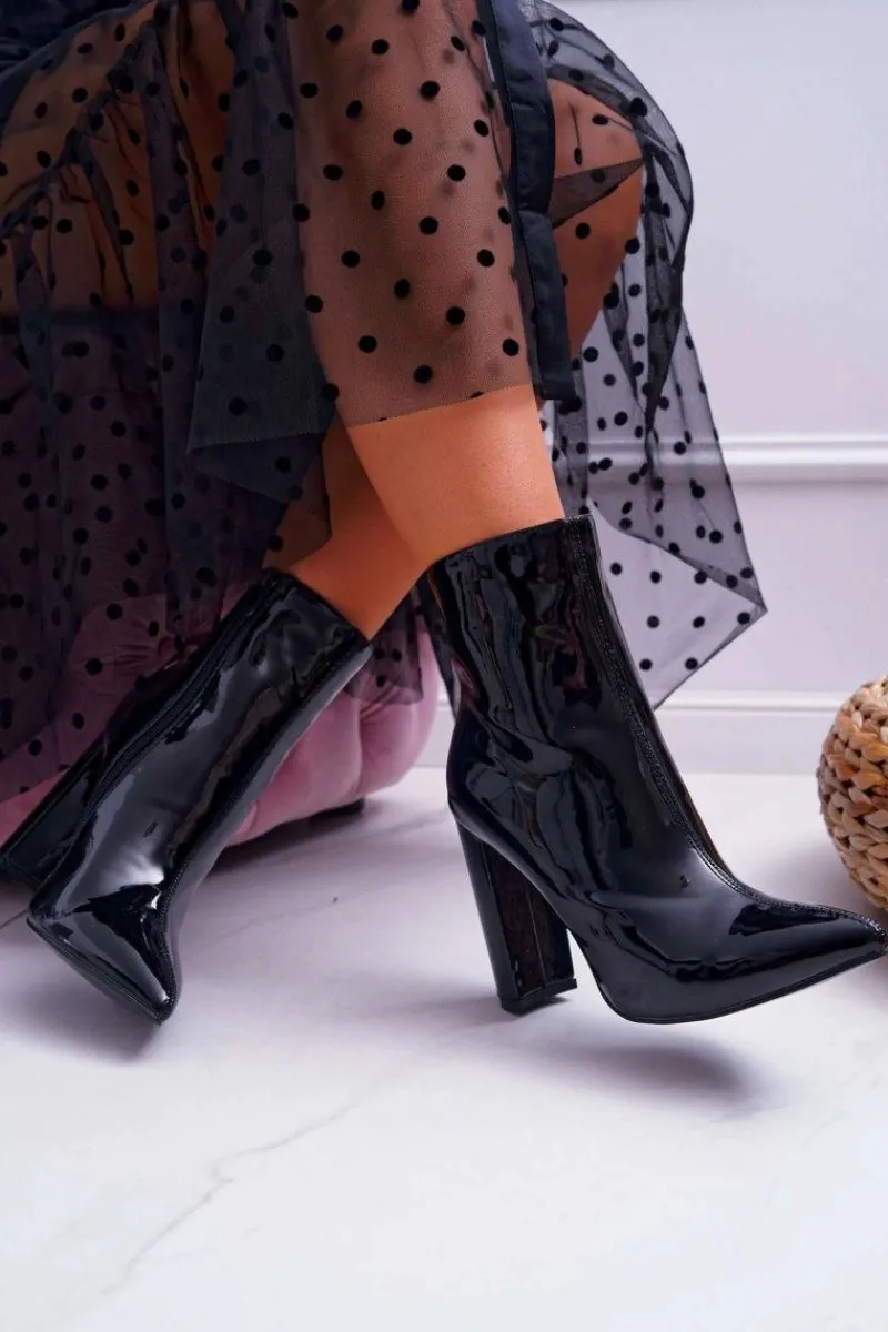 Best Boto Botki Damskie Na Słupku W Szpic Lakierowane Czarne Demens