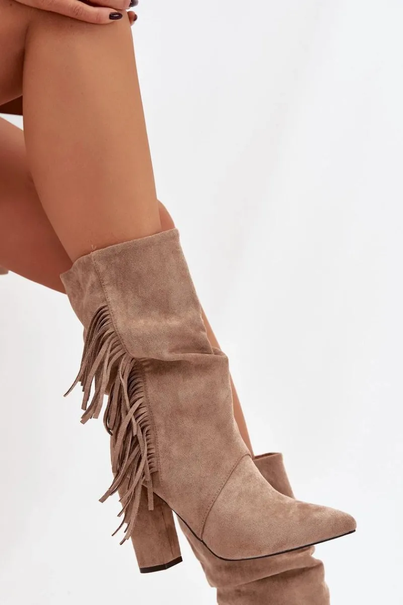 Botki Ocieplane|Botki Na Słupku>Boto Botki Damskie Na Słupku Z Frędzlami I Marszczeniem Ocieplane Beżowe Darlina Beżowy