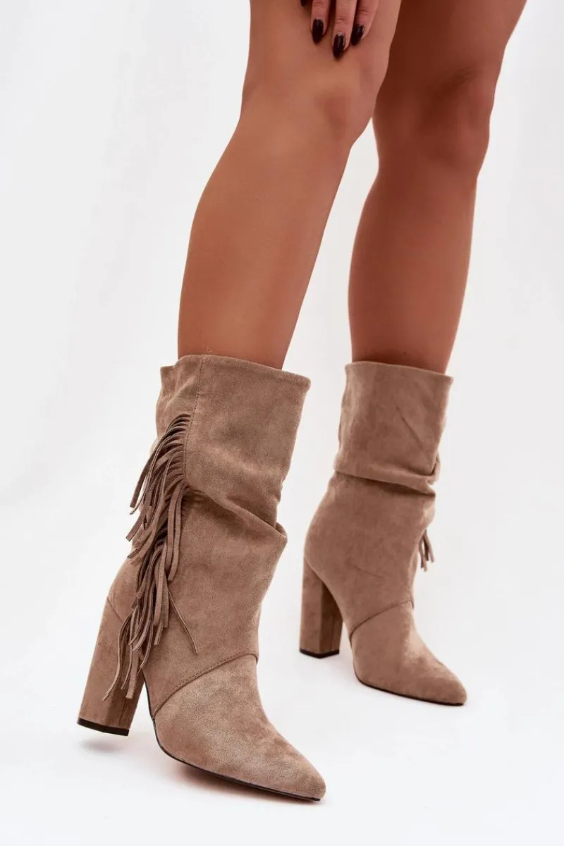 Botki Ocieplane|Botki Na Słupku>Boto Botki Damskie Na Słupku Z Frędzlami I Marszczeniem Ocieplane Beżowe Darlina Beżowy