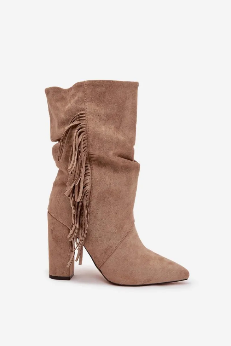 Botki Ocieplane|Botki Na Słupku>Boto Botki Damskie Na Słupku Z Frędzlami I Marszczeniem Ocieplane Beżowe Darlina Beżowy