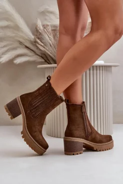Discount Botki Damskie Na Słupku Z Eko Zamszu Ocieplane Ciemnobrązowe Nevitas Damskie Botki Ocieplane|Brązowe I Beżowe Botki