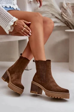 Discount Botki Damskie Na Słupku Z Eko Zamszu Ocieplane Ciemnobrązowe Nevitas Damskie Botki Ocieplane|Brązowe I Beżowe Botki