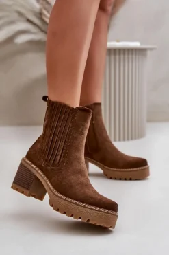 Discount Botki Damskie Na Słupku Z Eko Zamszu Ocieplane Ciemnobrązowe Nevitas Damskie Botki Ocieplane|Brązowe I Beżowe Botki
