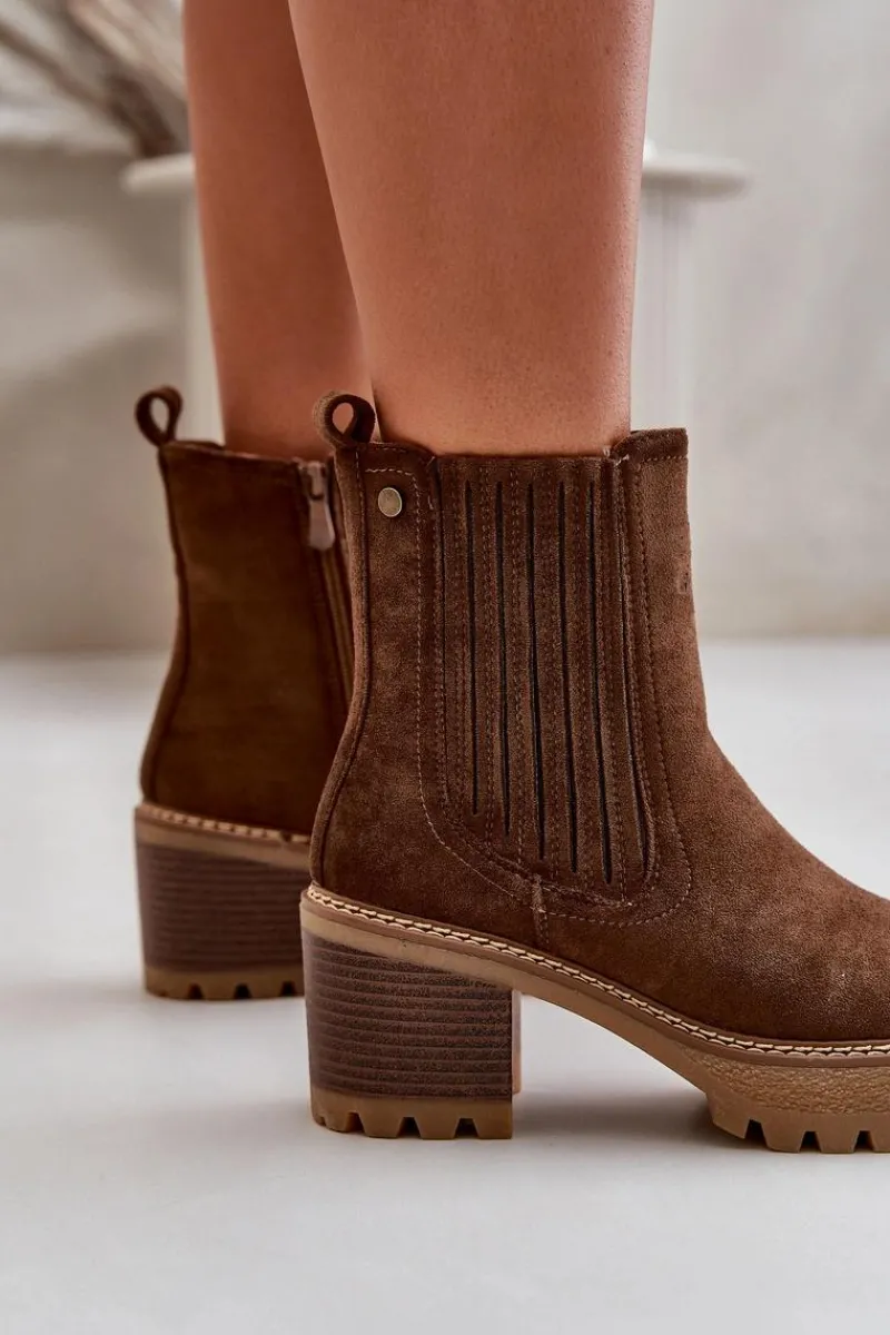 Discount Botki Damskie Na Słupku Z Eko Zamszu Ocieplane Ciemnobrązowe Nevitas Damskie Botki Ocieplane|Brązowe I Beżowe Botki