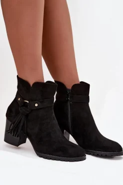 Boto Botki Damskie Na Słupku Z Frędzlami Czarne Rosabella Czarny