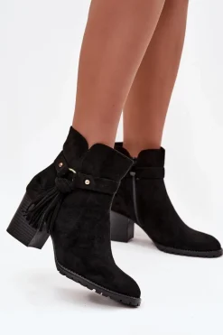 Boto Botki Damskie Na Słupku Z Frędzlami Czarne Rosabella Czarny