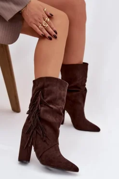 Hot Botki Damskie Na Słupku Z Frędzlami I Marszczeniem Ocieplane Czekoladowe Darlina Damskie Botki Ocieplane|Botki Na Słupku