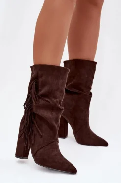 Hot Botki Damskie Na Słupku Z Frędzlami I Marszczeniem Ocieplane Czekoladowe Darlina Damskie Botki Ocieplane|Botki Na Słupku