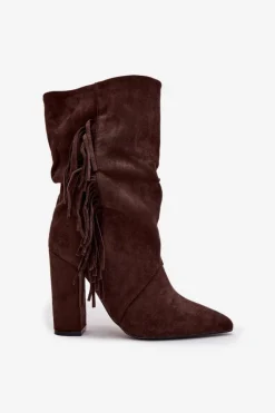 Hot Botki Damskie Na Słupku Z Frędzlami I Marszczeniem Ocieplane Czekoladowe Darlina Damskie Botki Ocieplane|Botki Na Słupku