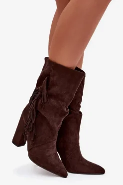 Hot Botki Damskie Na Słupku Z Frędzlami I Marszczeniem Ocieplane Czekoladowe Darlina Damskie Botki Ocieplane|Botki Na Słupku