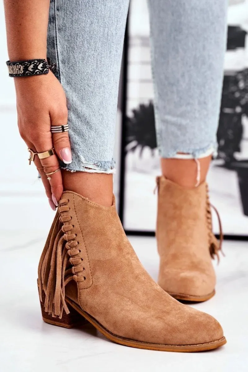 Hot Botki Damskie Na Słupku Z Frędzlami Kowbojki Khaki Mirage Damskie Botki Na Słupku|Czarne Botki