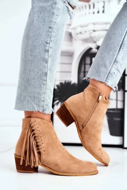 Hot Botki Damskie Na Słupku Z Frędzlami Kowbojki Khaki Mirage Damskie Botki Na Słupku|Czarne Botki