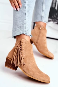 Hot Botki Damskie Na Słupku Z Frędzlami Kowbojki Khaki Mirage Damskie Botki Na Słupku|Czarne Botki