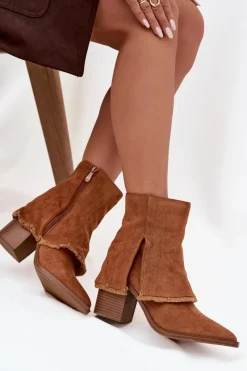 Outlet Boto Botki Damskie Na Słupku Z Wywiniętą Cholewką Camel Idalia Brązowy