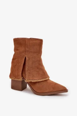 Outlet Boto Botki Damskie Na Słupku Z Wywiniętą Cholewką Camel Idalia Brązowy