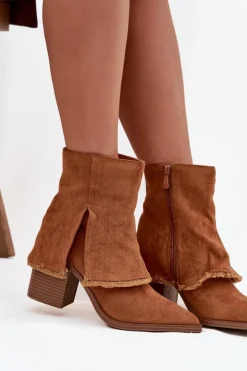Outlet Boto Botki Damskie Na Słupku Z Wywiniętą Cholewką Camel Idalia Brązowy