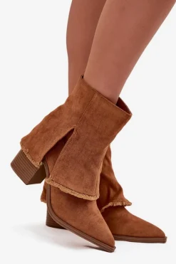 Outlet Boto Botki Damskie Na Słupku Z Wywiniętą Cholewką Camel Idalia Brązowy