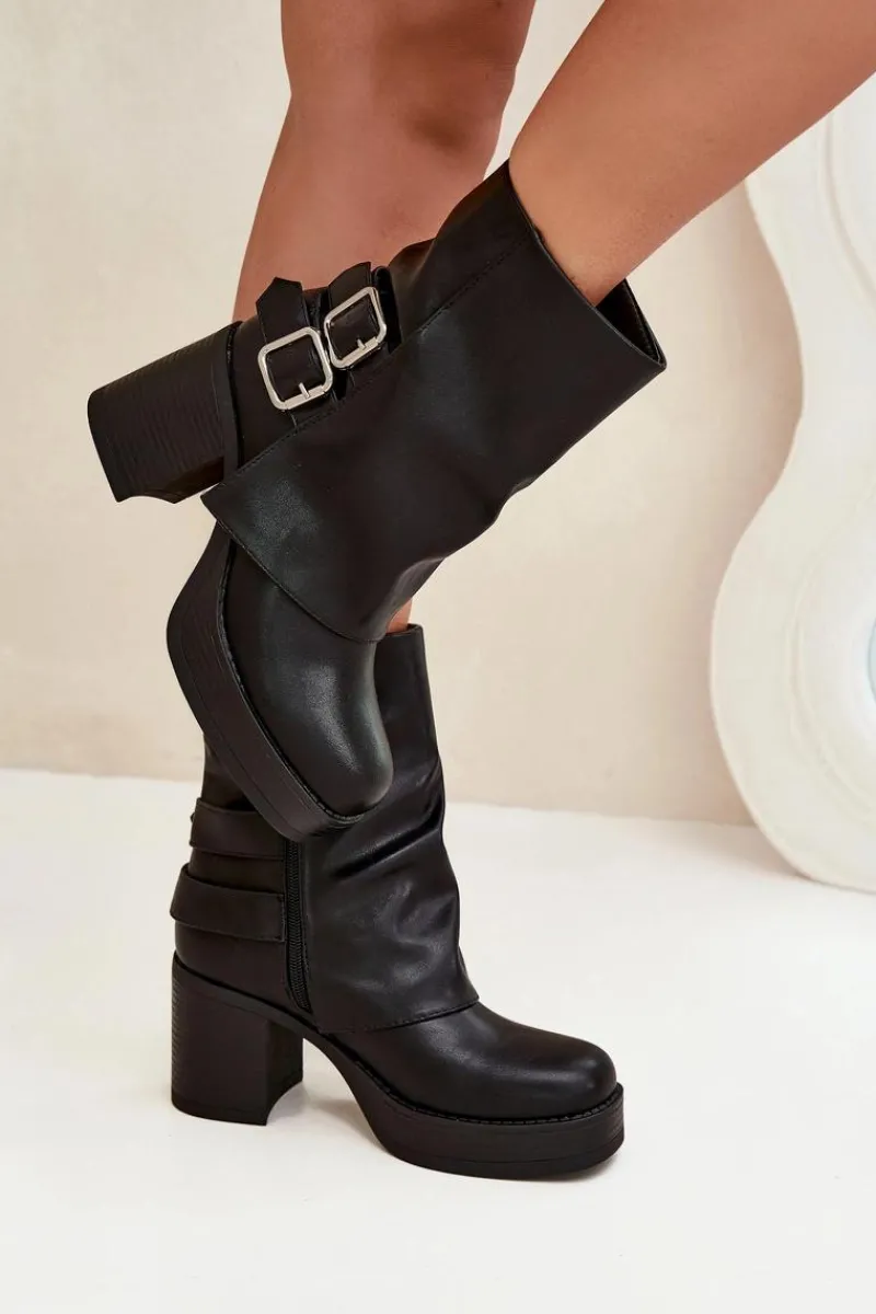 Online Boto Botki Damskie Na Słupku Z Klamrami Czarne Marena Czarny