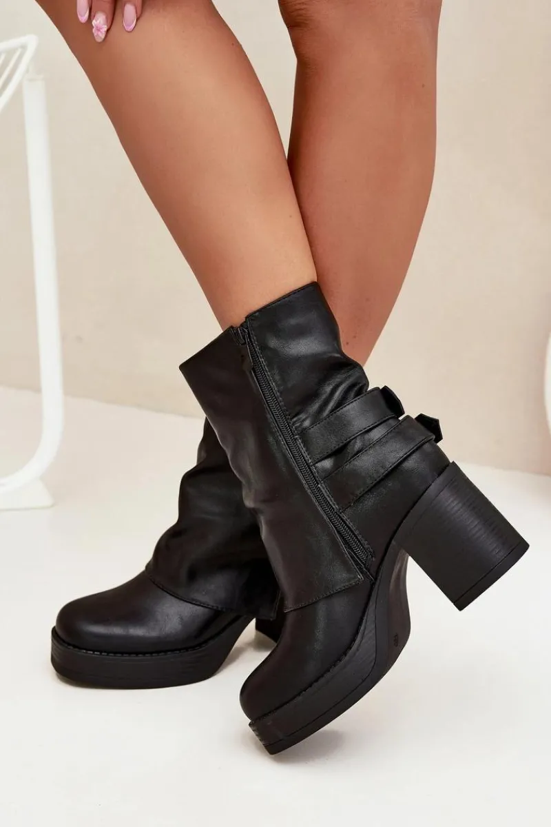 Online Boto Botki Damskie Na Słupku Z Klamrami Czarne Marena Czarny