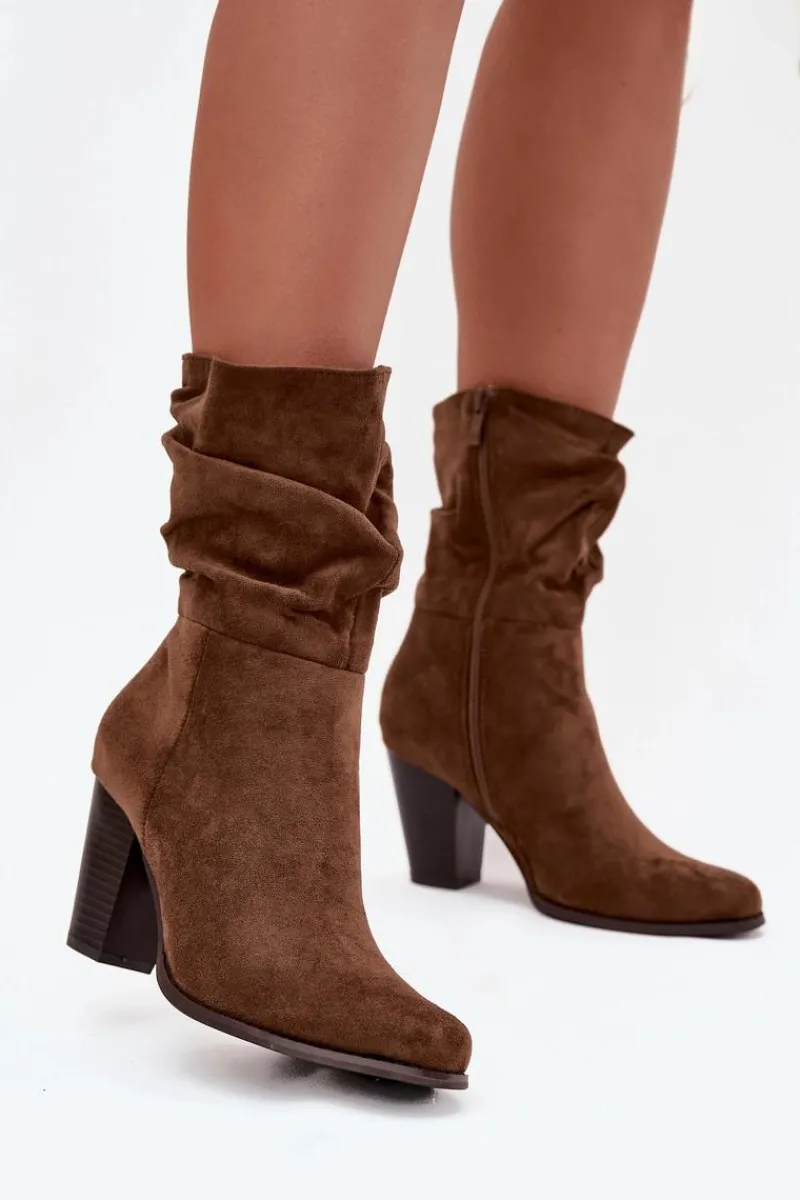 Best Boto Botki Damskie Na Słupku Z Marszczeniem Brązowe Jovessa