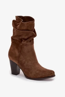 Best Boto Botki Damskie Na Słupku Z Marszczeniem Brązowe Jovessa