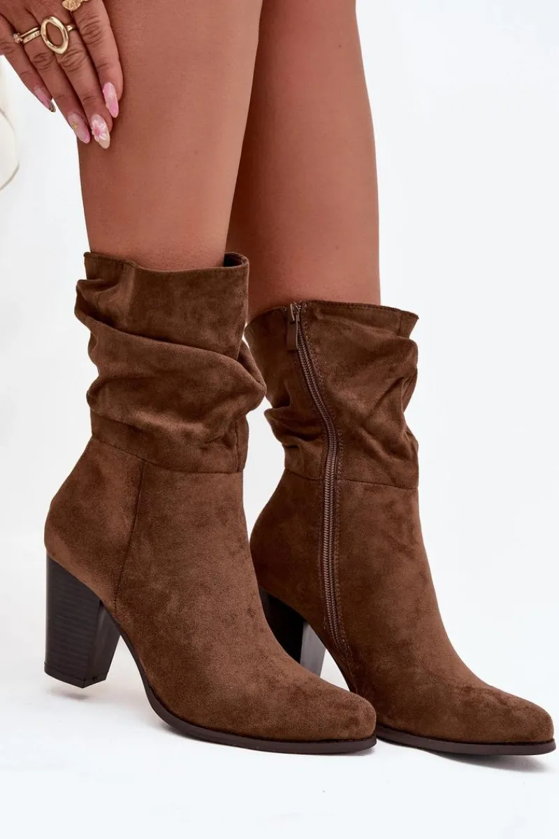 Best Boto Botki Damskie Na Słupku Z Marszczeniem Brązowe Jovessa